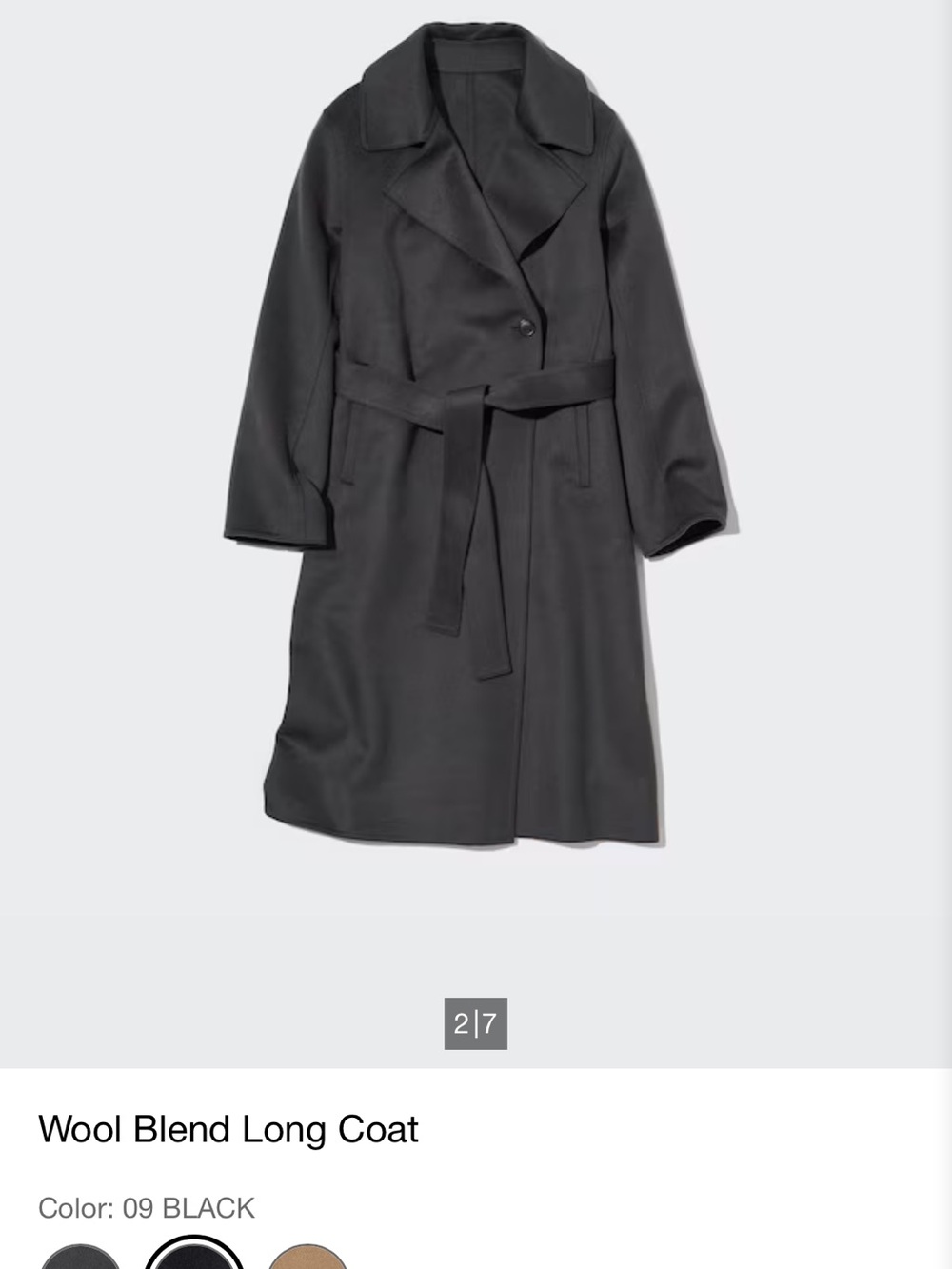 Uniqlo Black Wool-Blend Long Coat with Waist Tie